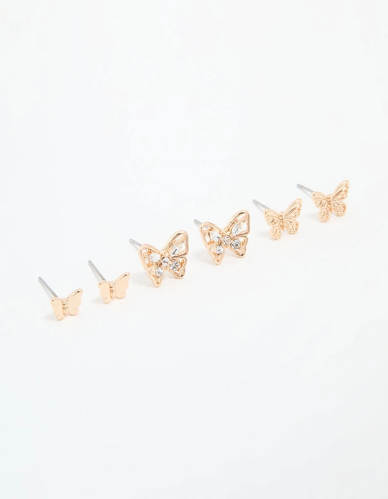 Gold Diamante & Sleek Butterfly Stud Earrings 3-Pack