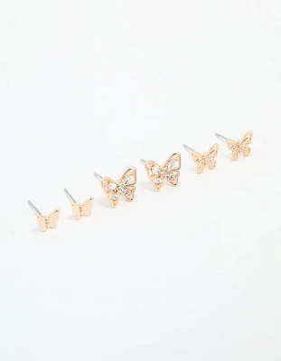 Gold Diamante & Sleek Butterfly Stud Earrings 3-Pack