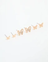 Gold Diamante & Sleek Butterfly Stud Earrings 3-Pack