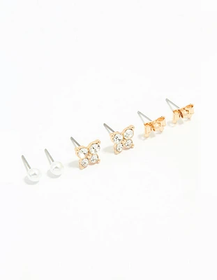 Gold Diamante & Butterfly Stud Earrings 3-Pack
