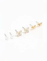 Gold Diamante & Butterfly Stud Earrings 3-Pack