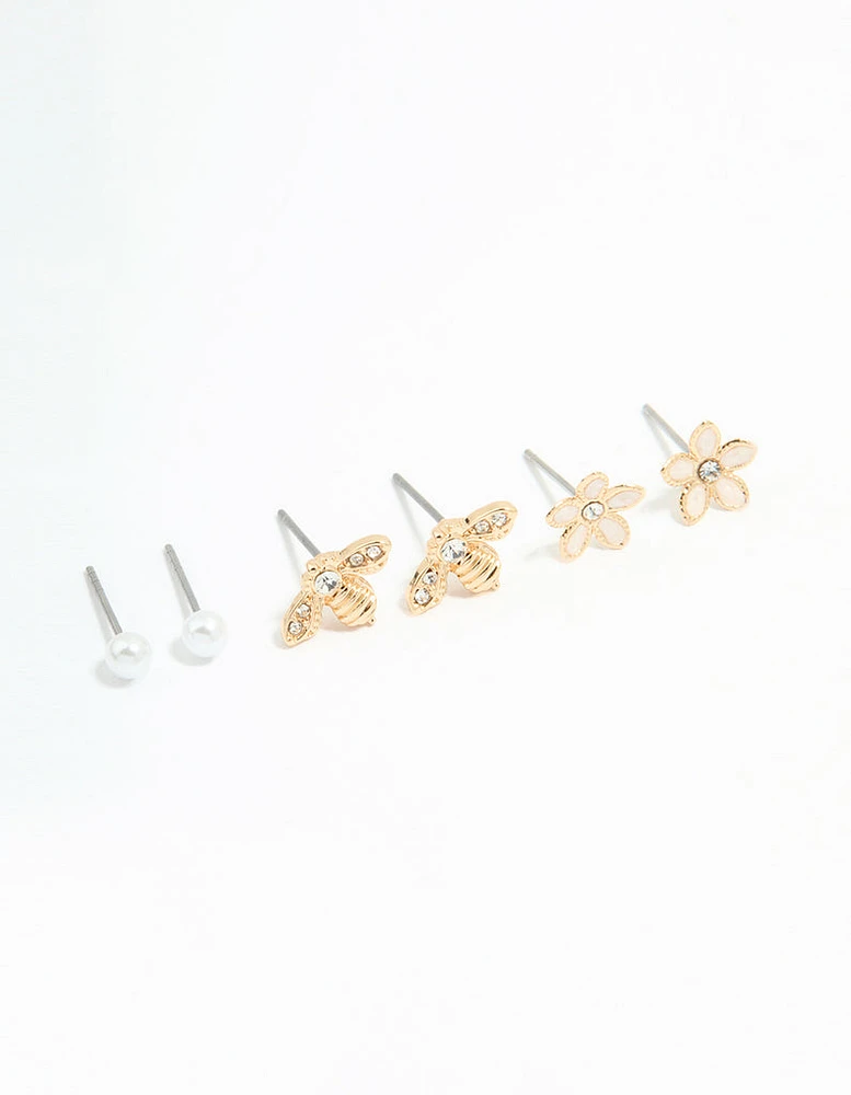 Gold Flower & Bee Stud Earrings 3-Pack