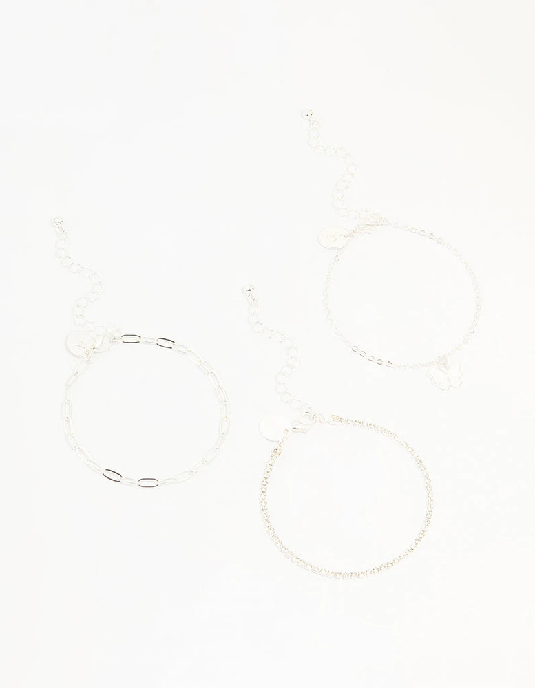 Silver Diamante Chain & Butterfly Bracelets 3-Pack