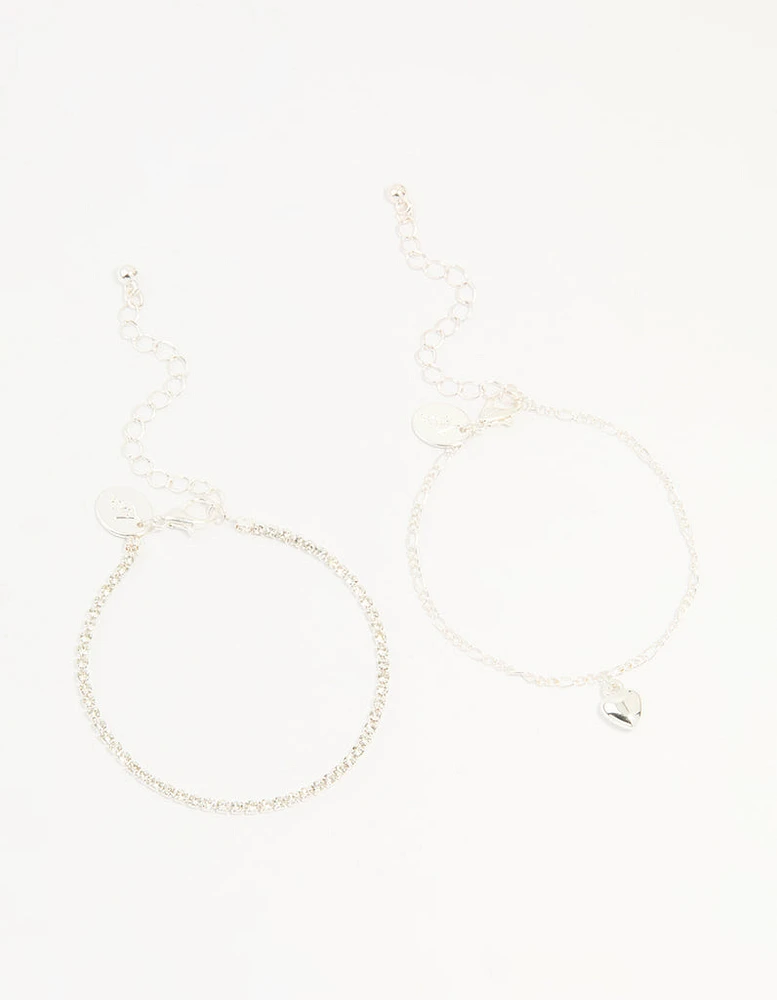 Silver Diamante Tennis Bracelet & Heart Bracelet 2-Pack