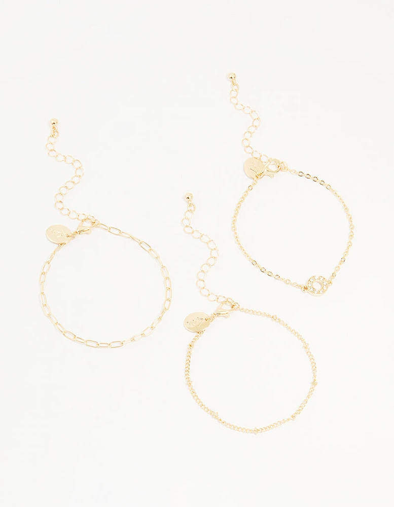 Gold Diamante Circle & Chain Bracelets 3-Pack