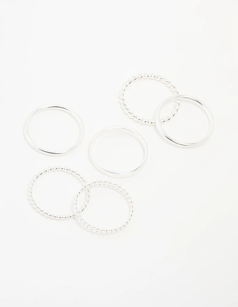 Silver Thin Twisted Stacking Rings 6-Pack