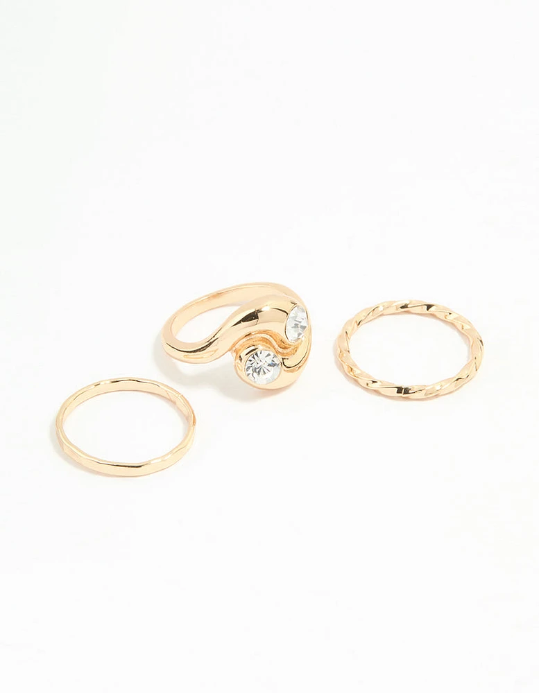 Gold Thick Diamante Twisted Stacking Rings 3-Pack
