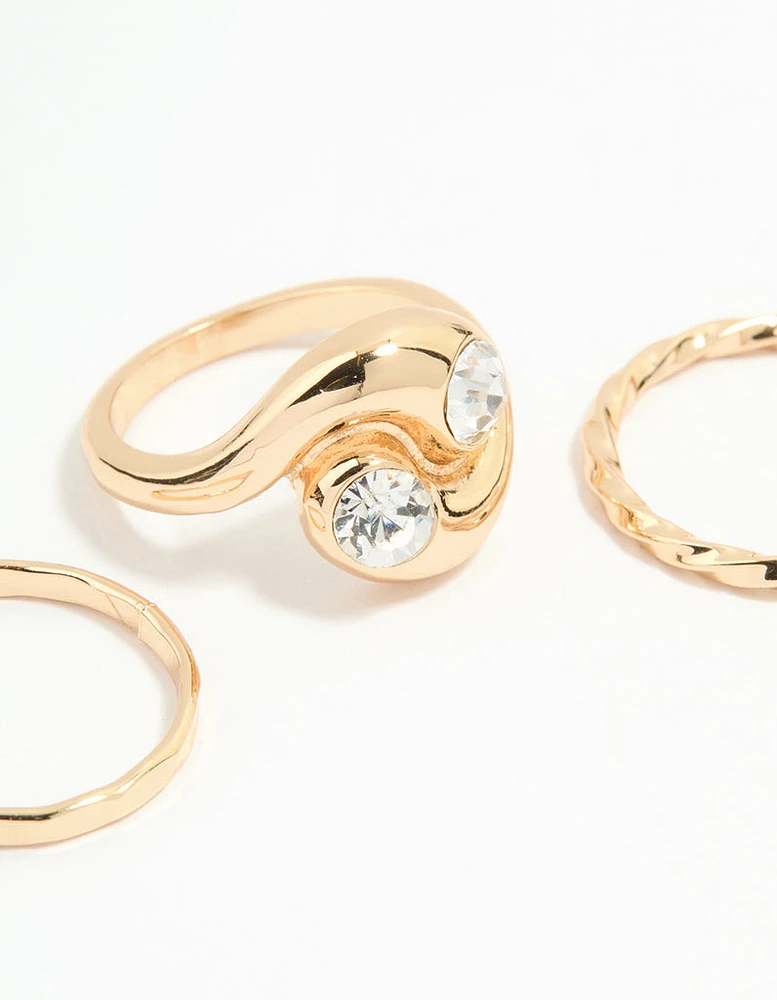 Gold Thick Diamante Twisted Stacking Rings 3-Pack