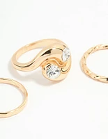 Gold Thick Diamante Twisted Stacking Rings 3-Pack
