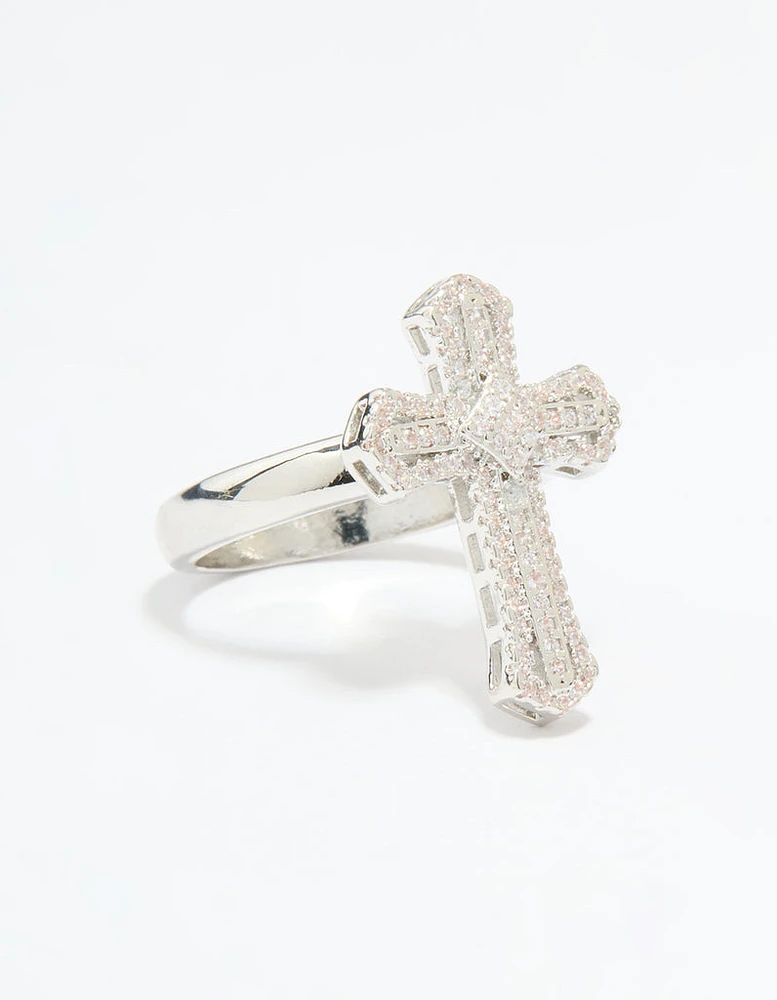 Silver Plated Cubic Zirconia Statement Cross Ring