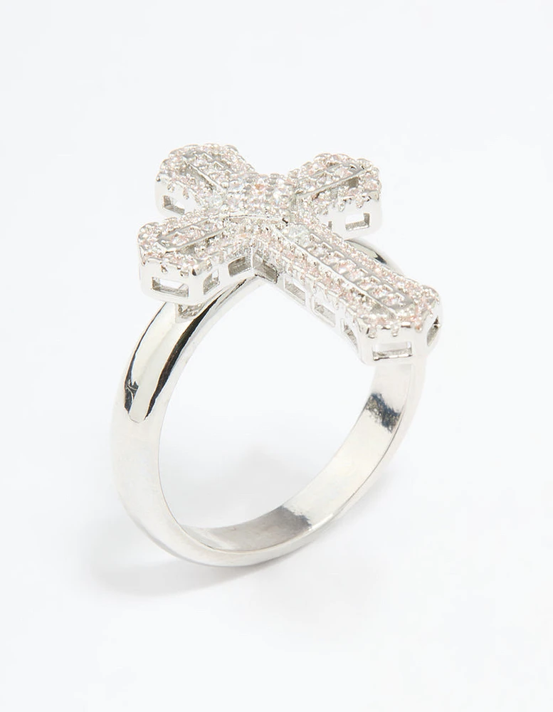 Silver Plated Cubic Zirconia Statement Cross Ring