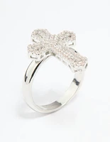 Silver Plated Cubic Zirconia Statement Cross Ring