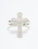 Silver Plated Cubic Zirconia Statement Cross Ring