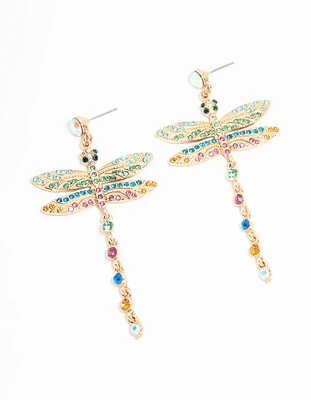 Gold Multicoloured Diamante Dragonfly Drop Earrings