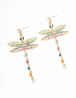 Gold Multicoloured Diamante Dragonfly Drop Earrings