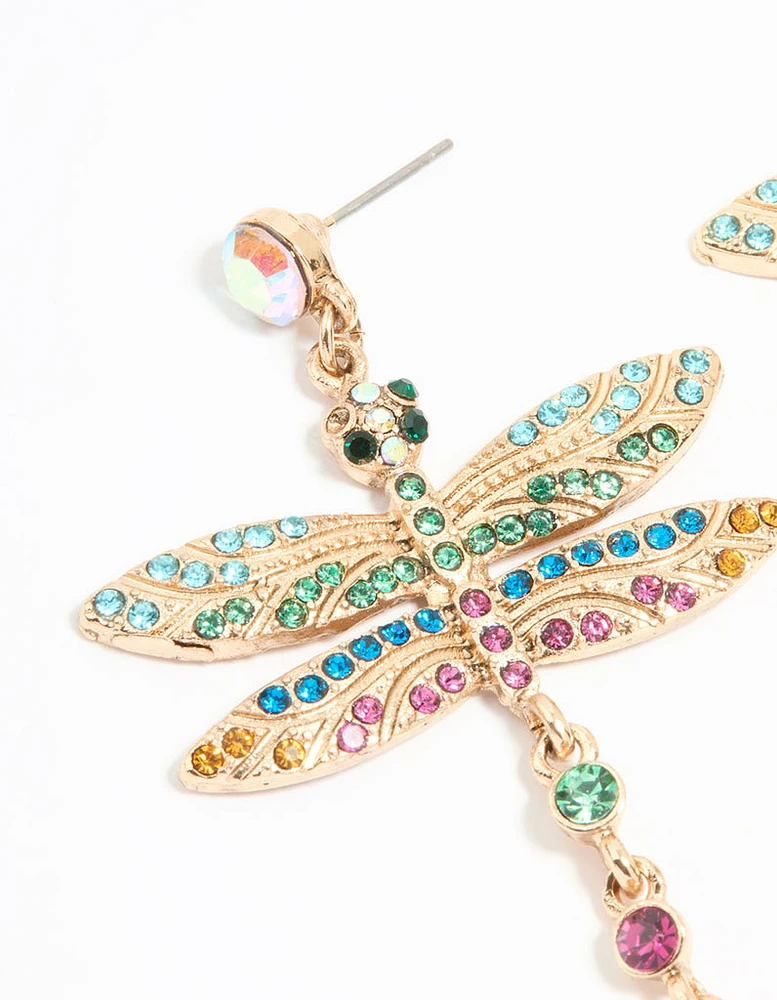 Gold Multicoloured Diamante Dragonfly Drop Earrings