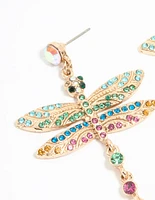 Gold Multicoloured Diamante Dragonfly Drop Earrings