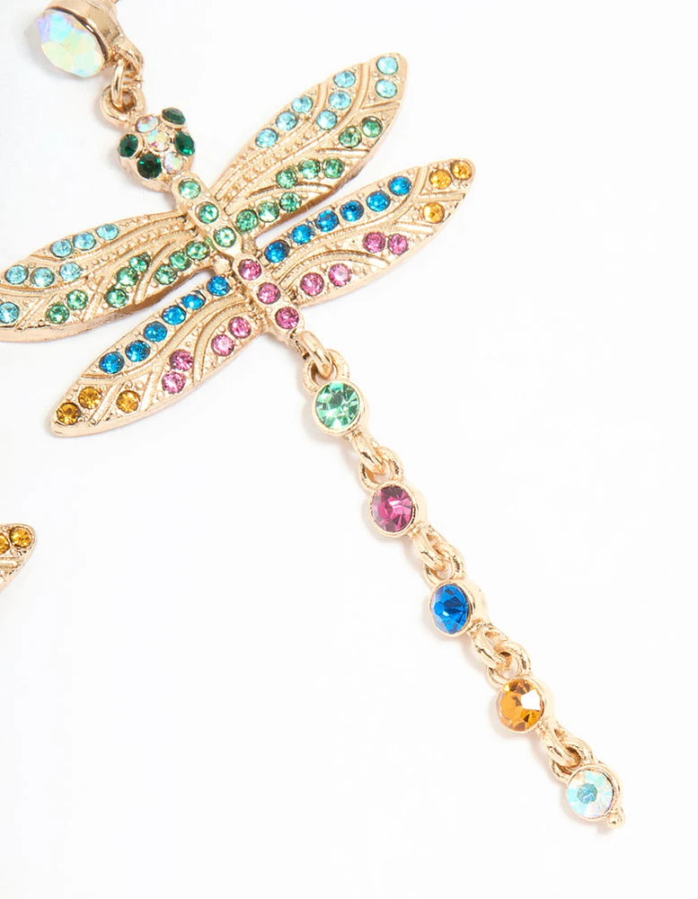 Gold Multicoloured Diamante Dragonfly Drop Earrings