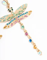 Gold Multicoloured Diamante Dragonfly Drop Earrings