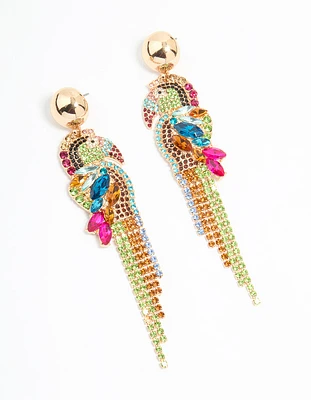 Gold Multicoloured Diamante Parrot Drop Earrings