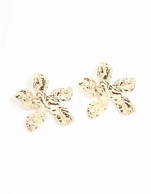 Gold Textured Flower Large Stud Earrings
