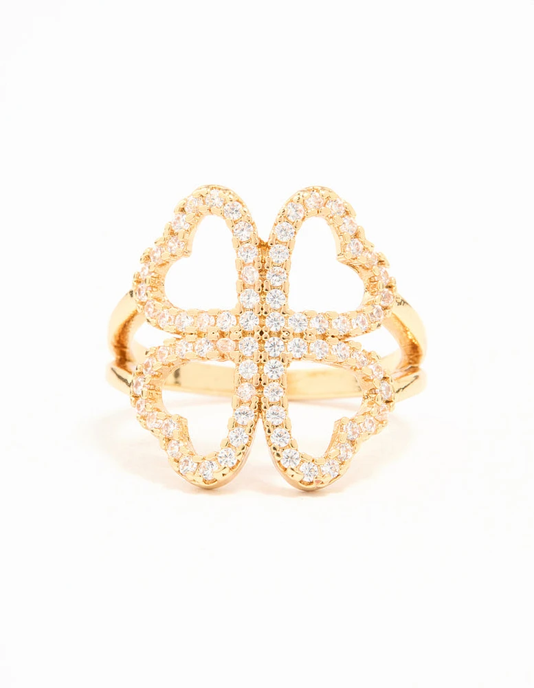 Gold Plated Cubic Zirconia Shamrock Statement Ring