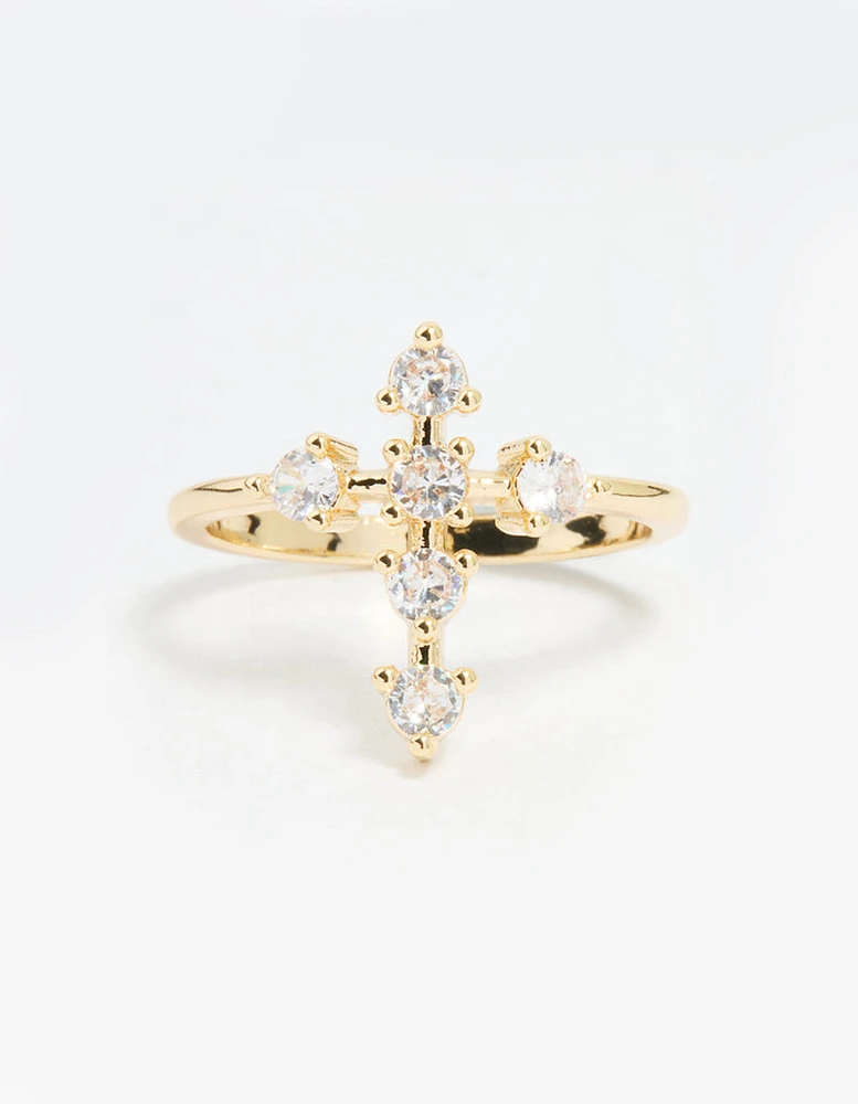 Gold Plated Cubic Zirconia Cross Ring