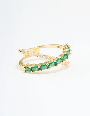 Gold Plated Green Cubic Zirconia Criss Cross Ring