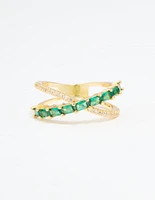 Gold Plated Green Cubic Zirconia Criss Cross Ring