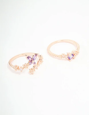 Rose Gold Cubic Zirconia Dainty Butterfly Rings 2-Pack
