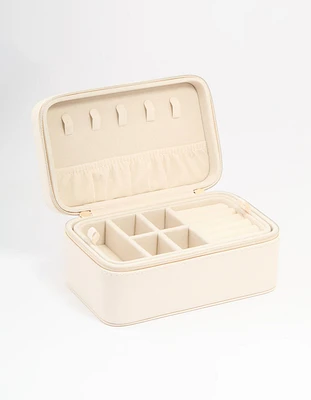 Cream PU Leather Rectangular Layered Jewellery Case