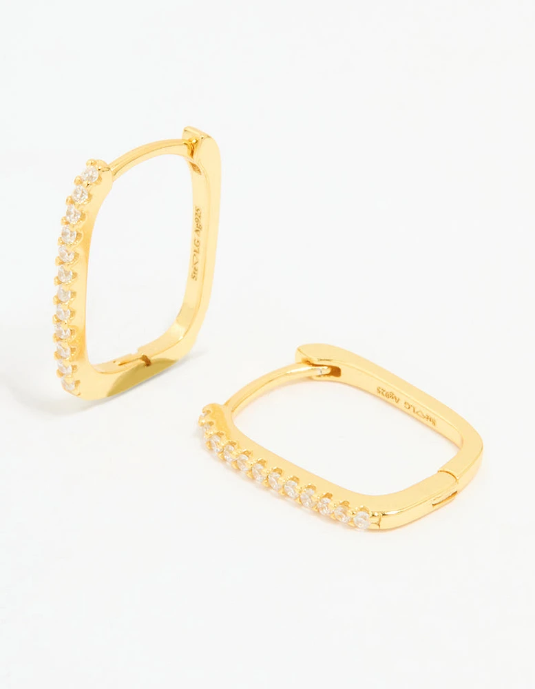 Gold Plated Sterling Silver Cubic Zirconia Pavé Oblong Hoop Earrings