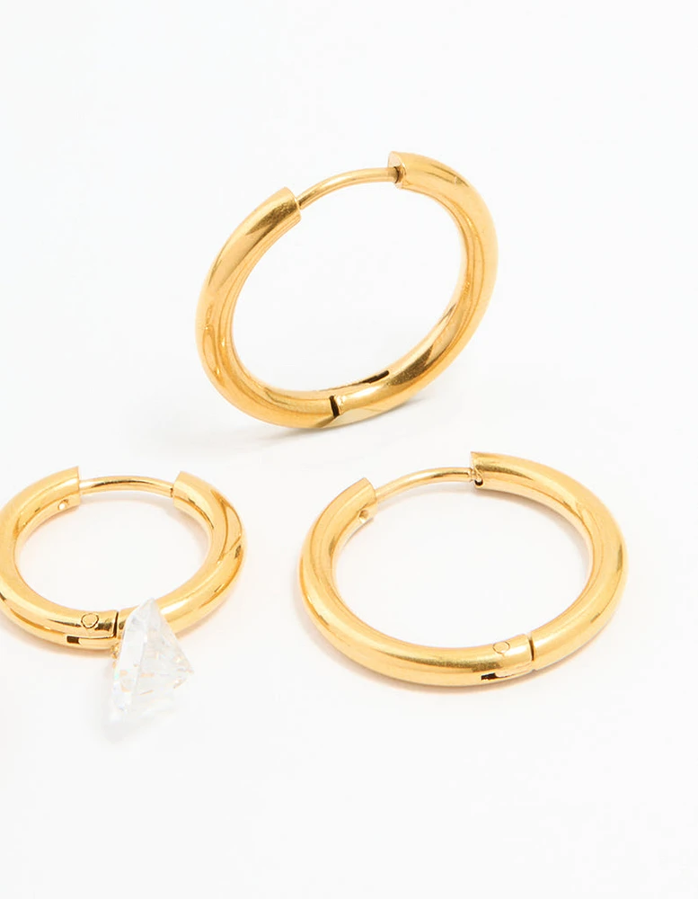 Waterproof Gold Plated Stainless Steel Cubic Zirconia Droplet & Sleek Hoop Earrings 2-Pack