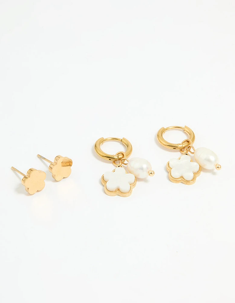 Waterproof Gold Plated Stainless Steel Freshwater Pearl Flower Earrings 2-Pack