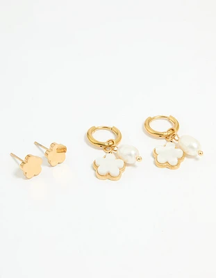 Waterproof Gold Plated Stainless Steel Freshwater Pearl Flower Earrings 2-Pack