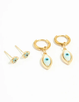 Waterproof Gold Plated Stainless Steel Double Evil Eye Earrings 2-Pack