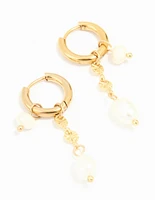 Waterproof Gold Plated Stainless Steel Chain Freshwater Pearl Drop Huggie Earrings