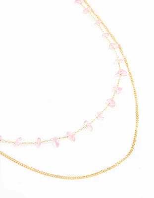 Waterproof Gold Plated Stainless Steel Pink Semiprecious Stone & Chain Layered Necklace