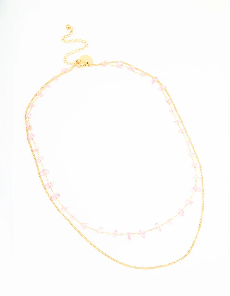 Waterproof Gold Plated Stainless Steel Pink Semiprecious Stone & Chain Layered Necklace