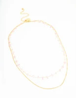 Waterproof Gold Plated Stainless Steel Pink Semiprecious Stone & Chain Layered Necklace