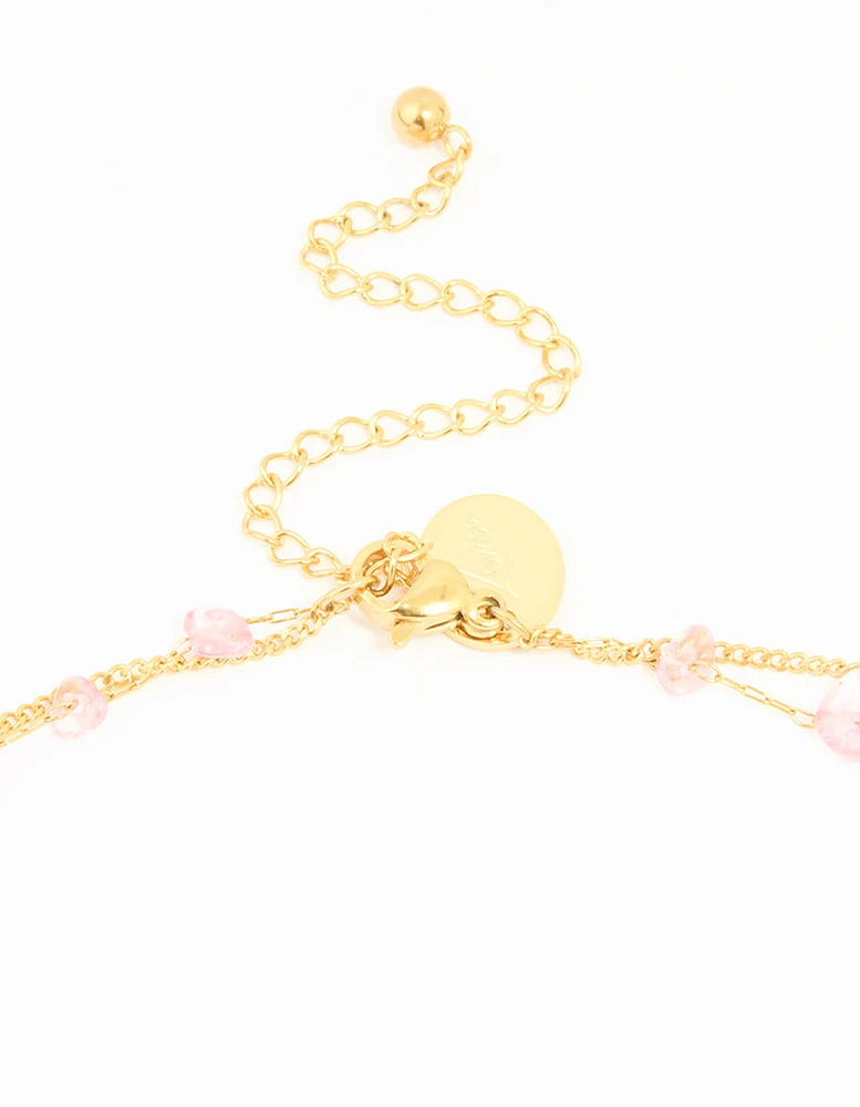 Waterproof Gold Plated Stainless Steel Pink Semiprecious Stone & Chain Layered Necklace