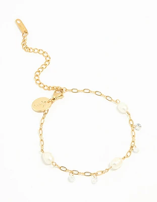 Waterproof Gold Plated Stainless Steel Cubic Zirconia Pearl Bracelet