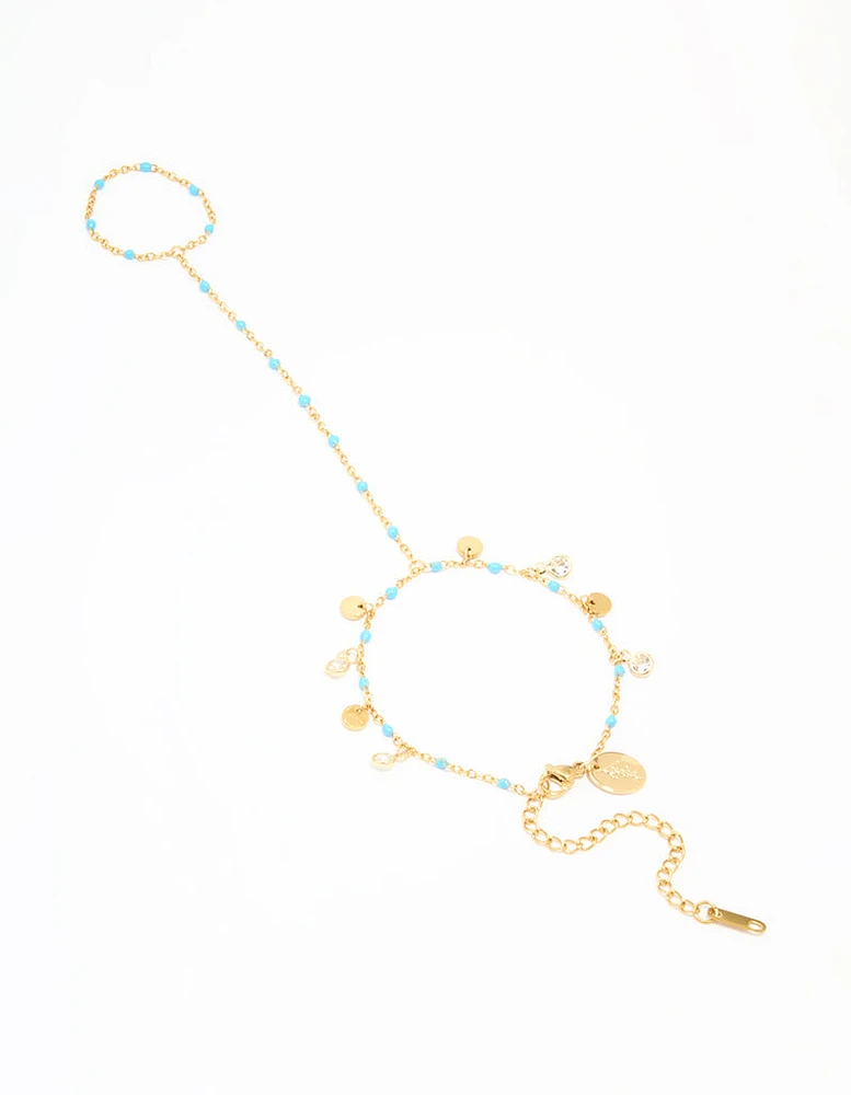 Waterproof Gold Plated Stainless Steel Blue Bead & Disc Hand Chain