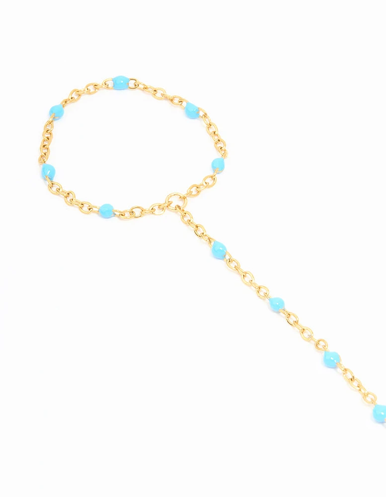 Waterproof Gold Plated Stainless Steel Blue Bead & Disc Hand Chain