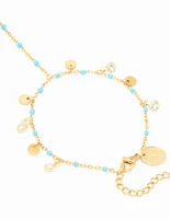 Waterproof Gold Plated Stainless Steel Blue Bead & Disc Hand Chain
