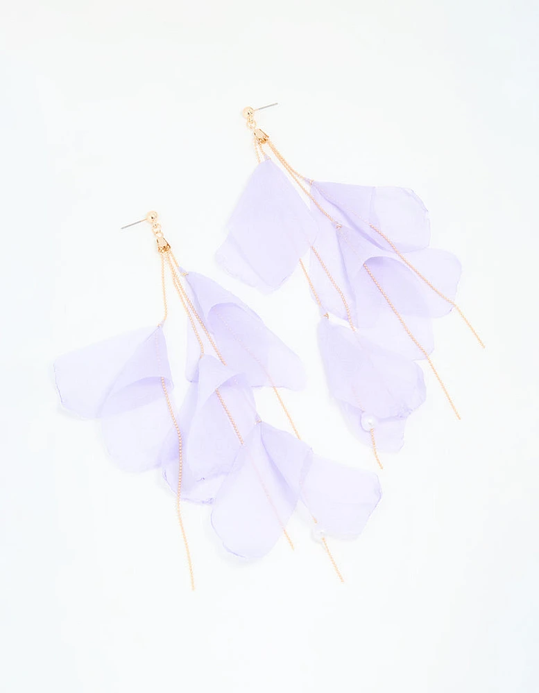 Gold Purple Fabric Petal Drop Earrings