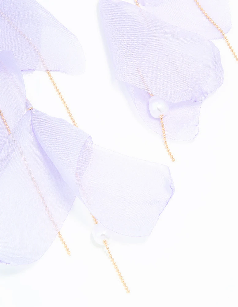 Gold Purple Fabric Petal Drop Earrings