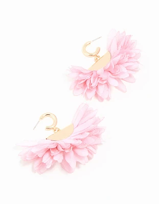 Gold Pink Fabric Large Petal Huggie Earrings