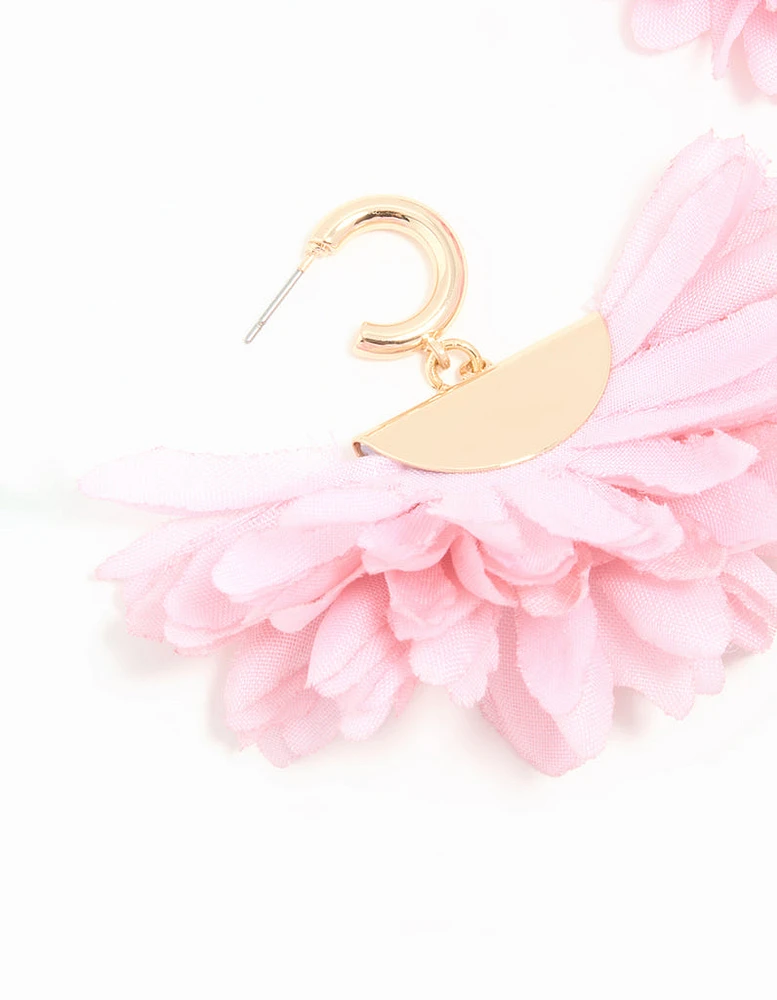 Gold Pink Fabric Large Petal Huggie Earrings