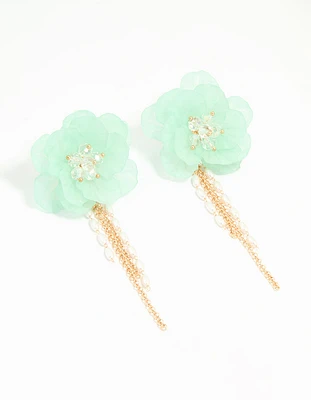 Gold Blue Flower Chain Drop Earrings